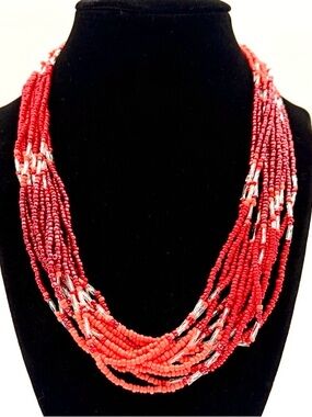 Red Coral Multi Strand Beaded Necklace Statement Layered Seed Bead Boho